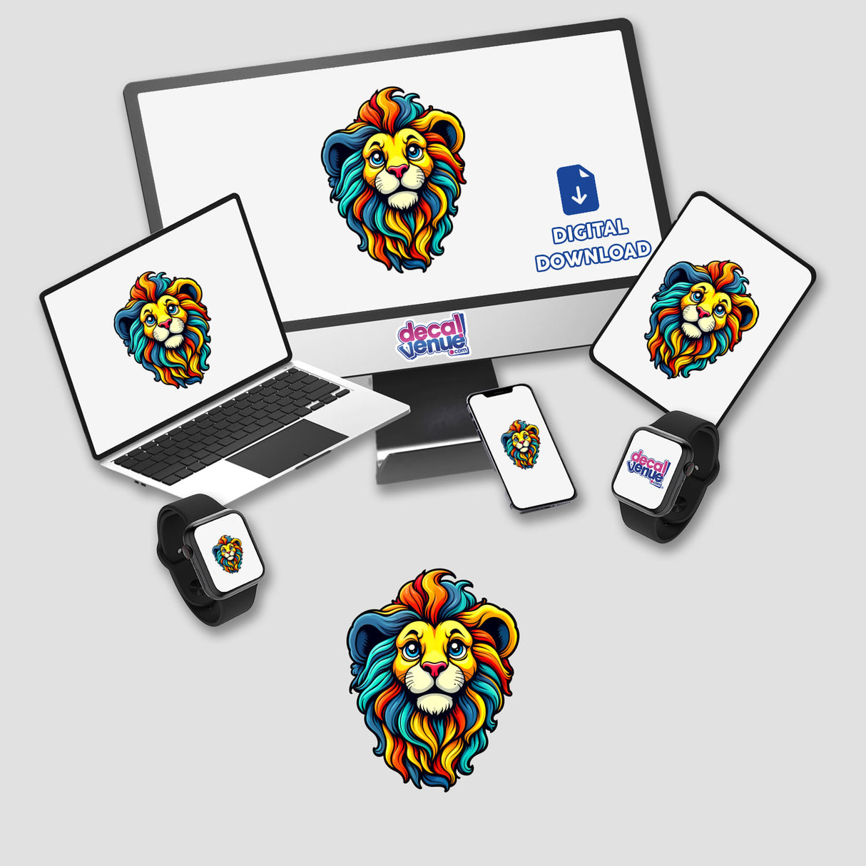 A Cute Little Lion displayed on a computer monitor and laptop screen, showcasing its vibrant mane. Available as stickers or digital artwork from Decal Venue.