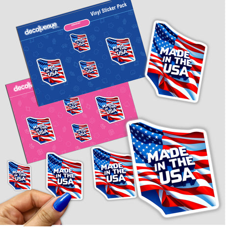 Made In The USA American Flag stickers featuring close-up designs of the flag, available as a sticker pack or digital artwork, highlighting patriotic elements in a graphic design format.