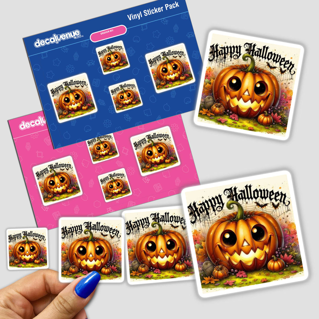 Bronze Halloween Series 7 stickers featuring pumpkins with faces and text details, shown close-up with a person's hand holding a blue marker for scale.