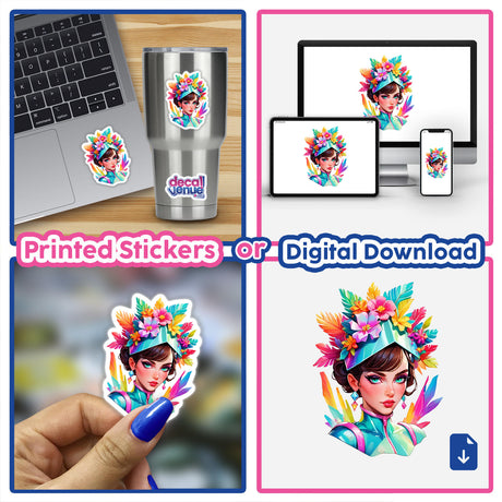 Vibrant Pop Art Sticker - Futuristic Female Portrait with Floral Headpiece displayed on a laptop, held in a hand, and as digital artwork on various devices.