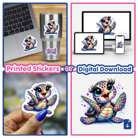 Vibrant digital artwork of a happy, dancing sea turtle with prismatic colors, displayed on various products including a laptop, mobile devices, and as a printed sticker.