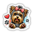 Yorkie Dog Hearts and Paws sticker depicting a cartoon Yorkshire Terrier with a bow, capturing its playful spirit. Perfect for dog lovers seeking unique vinyl stickers from Decal Venue.