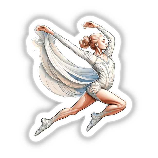 Graceful dancing gymnast in flowing blue dress, artistic digital illustration showcasing elegant movement and athleticism