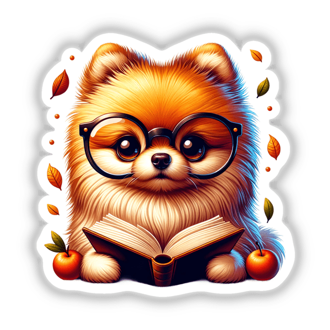 Pomeranian Dog With Reading Glasses Open Book