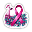 Peacock Pink Ribbon Breast Cancer sticker featuring a pink ribbon adorned with vibrant peacock feathers, symbolizing support and awareness. Available as unique stickers or digital artwork from Decal Venue.