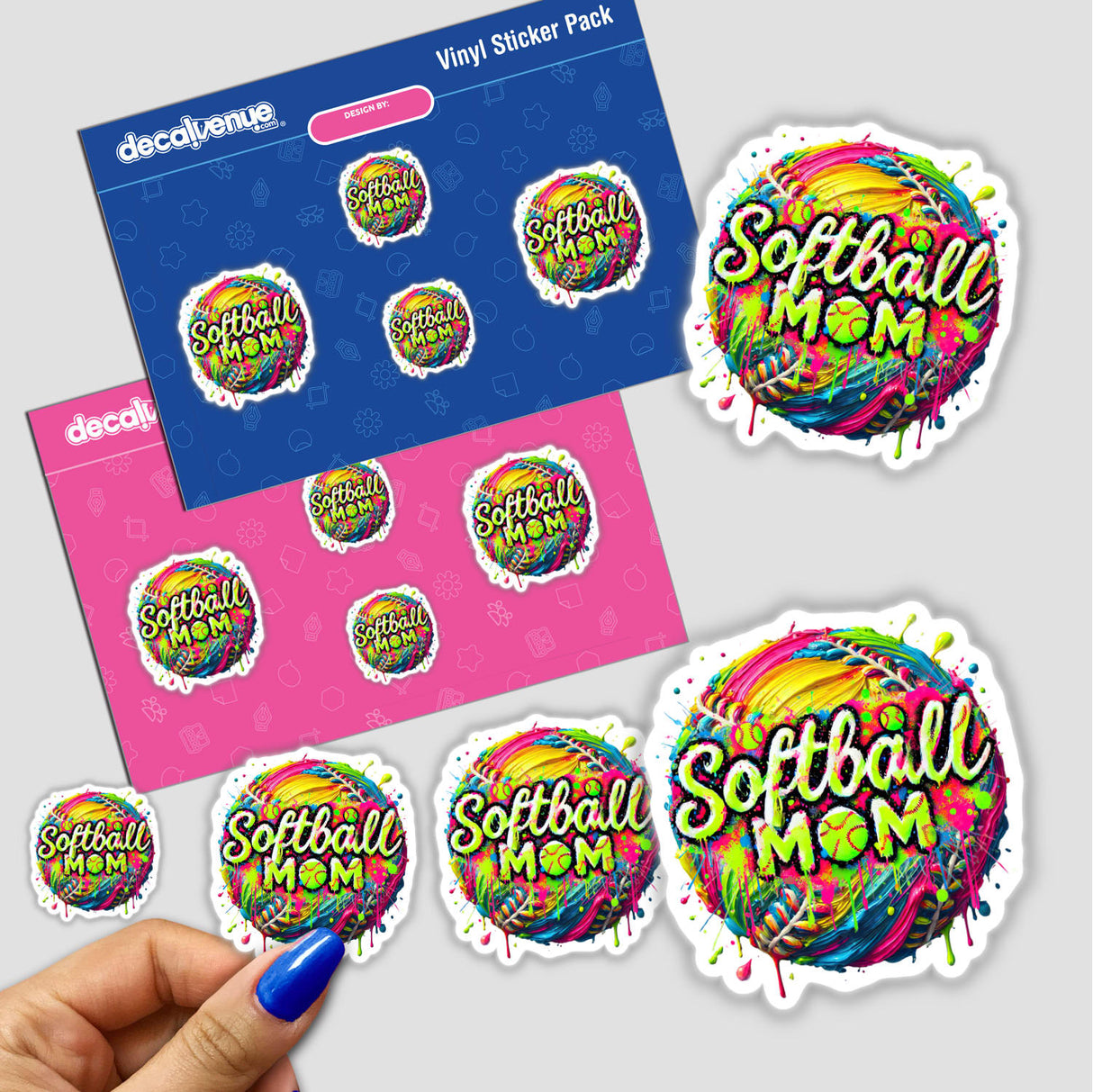 Softball Mom Neon Splatter Drip Art sticker, featuring vibrant paint splatter design held by a hand, available as a sticker or digital artwork, embodying Decal Venue's unique sticker collection.