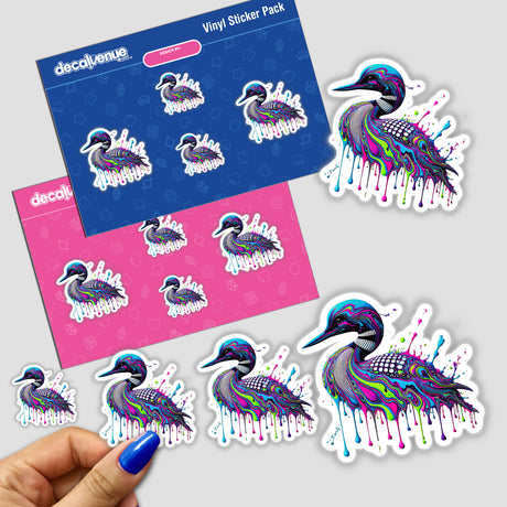 Neon Drip Loon - Psychedelic Wildlife Art sticker pack featuring vibrant, abstract bird and duck designs, held in hand. Available as stickers or digital artwork from Decal Venue.