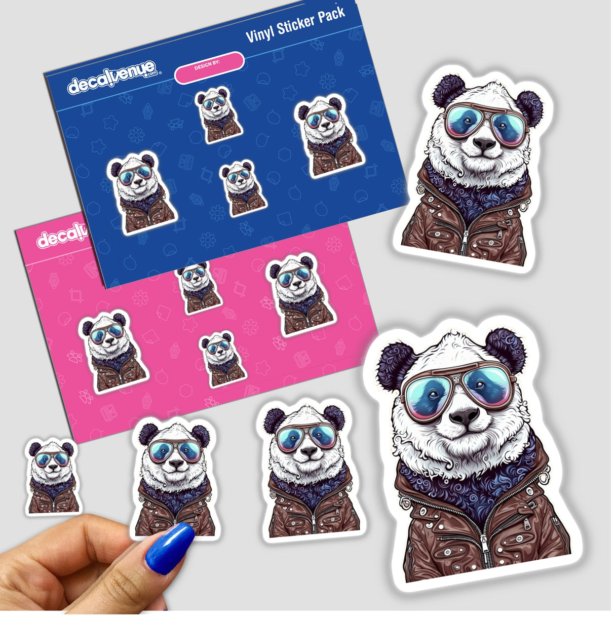 Sticker pack featuring cartoon pandas, including a panda with aviator sunglasses and a leather jacket, held by a hand. Available as stickers or digital artwork at Decal Venue.