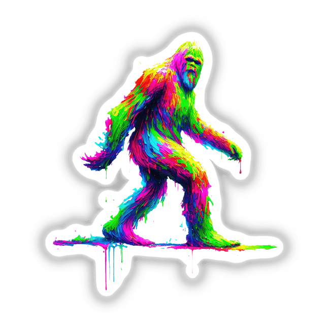 Neon Drip Bigfoot – Psychedelic Sasquatch depicted in vibrant colors, available as stickers or digital artwork, showcasing a striking, artful illustration of a colorful yeti.