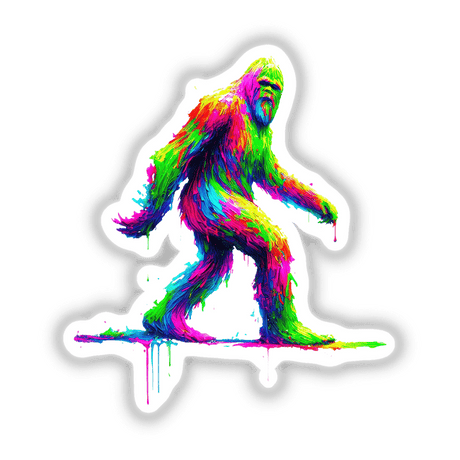 Neon Drip Bigfoot – Psychedelic Sasquatch depicted in vibrant colors, available as stickers or digital artwork, showcasing a striking, artful illustration of a colorful yeti.