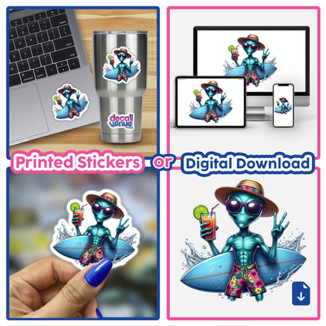 Tropical Alien Peace Out Surfer sticker featuring a cartoon alien with a surfboard and drink, perfect for laptops and more, available as vinyl or digital art from Decal Venue.