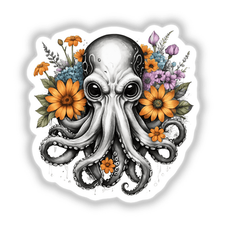 Whimsical octopus portrait surrounded by vibrant floral accents