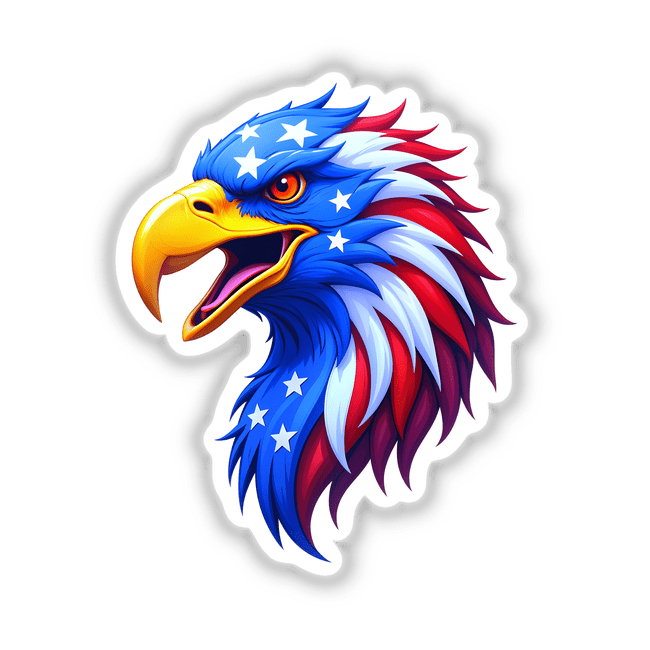 Cartoon of A Cool American Flag Eagle featuring a stylized bird with stars and stripes, offered as unique stickers or digital artwork from Decal Venue.