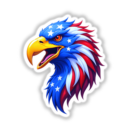 Cartoon of A Cool American Flag Eagle featuring a stylized bird with stars and stripes, offered as unique stickers or digital artwork from Decal Venue.