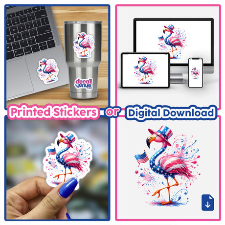 Patriotic Uncle Sam flamingo bird digital artwork and printed stickers displayed on various products and devices.