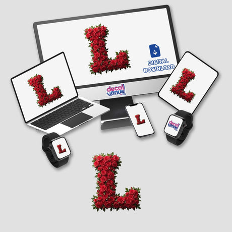 Elegant Floral Letter L Clipart - Downloadable Sticker with Commercial Rights, showcasing a laptop and monitor displaying a floral L design. Perfect for unique digital artwork or stickers from Decal Venue.