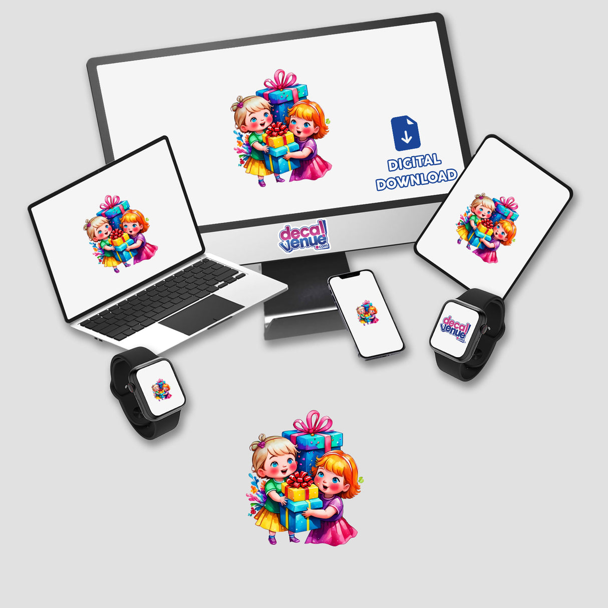 Gift-Giving Joy: Cute Kids with Presents displayed on a computer monitor and laptop, showcasing cartoon characters holding gifts; available as stickers or digital artwork.