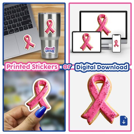 Pink Ribbon-Shaped Cookie with Glitter Accents for Breast Cancer Awareness, shown as a sticker on a laptop.