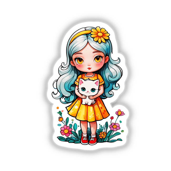 Cute Cartoon Girl Holding White Kitten on Flower Bed, available as stickers or digital artwork, depicting a cartoon girl lovingly holding a cat amidst vibrant flowers.