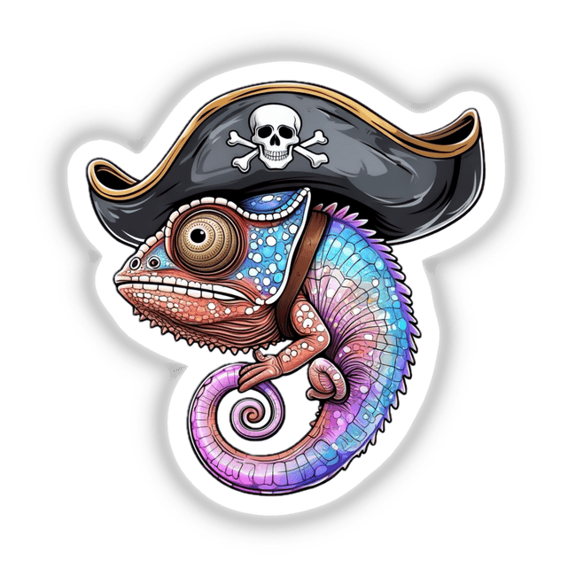 Pirate Chameleon with a Skull Hat and Colorful Scales depicted in a whimsical cartoon style, available as stickers or digital artwork from Decal Venue's unique collection.