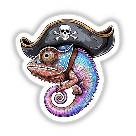 Pirate Chameleon with a Skull Hat and Colorful Scales depicted in a whimsical cartoon style, available as stickers or digital artwork from Decal Venue's unique collection.