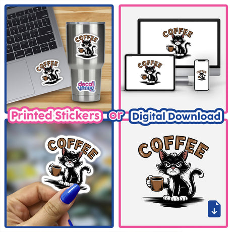 Grouchy Morning Coffee Cat sticker featuring a cartoon cat holding a coffee mug, perfect for personalizing laptops or digital spaces. Available as stickers or digital artwork.