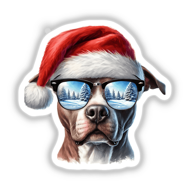 Dog wearing sunglasses and a Santa hat, featured in the Winter Sunglasses Christmas Santa Pitbull Dog design, available as stickers or digital artwork, showcasing Decal Venue's unique style.