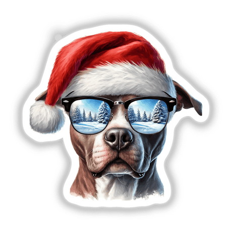 Dog wearing sunglasses and a Santa hat, featured in the Winter Sunglasses Christmas Santa Pitbull Dog design, available as stickers or digital artwork, showcasing Decal Venue's unique style.