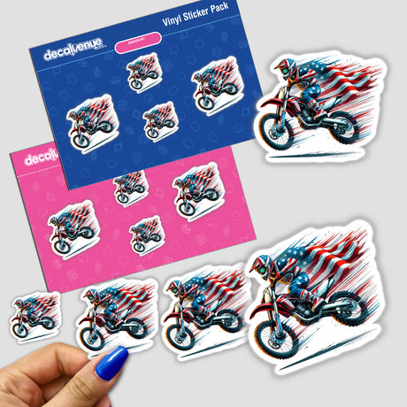 Sticker featuring a motocross dirt bike rider with an American flag. Available as stickers or digital artwork.