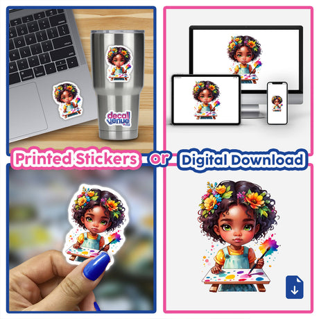 Rainbow Splatter Artist: Girl Painting with Brush in Hand - collage of a girl with flowers in her hair, available as stickers or digital artwork from Decal Venue.