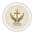 Faithful Steward sticker features hands holding a cross with rays, ideal for pastor appreciation. Available as decals or Christian clipart with commercial rights from Decal Venue.