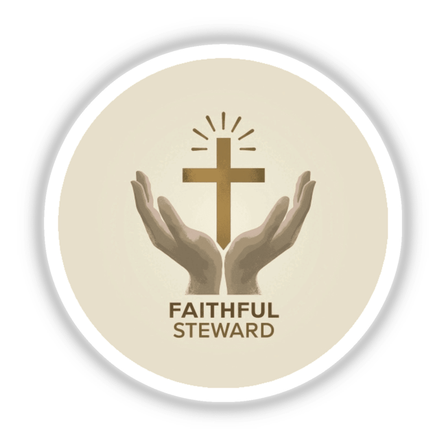 Faithful Steward sticker features hands holding a cross with rays, ideal for pastor appreciation. Available as decals or Christian clipart with commercial rights from Decal Venue.