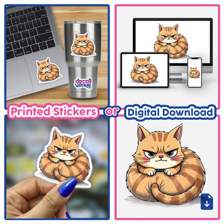 Cartoon Grumpy Striped Cat sticker collage featuring various cat illustrations, including a laptop with a cat sticker and a stainless steel cup with a grumpy cat design.