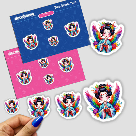 Sticker Design: Ethereal Angelic Geisha, featuring a cartoon girl with colorful wings and flowers, held by a hand; available as stickers or digital artwork.