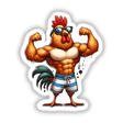 The Muscular Chicken cartoon flexing its arm, available as stickers or digital artwork, showcasing its animated style perfect for unique vinyl sticker collections at Decal Venue.