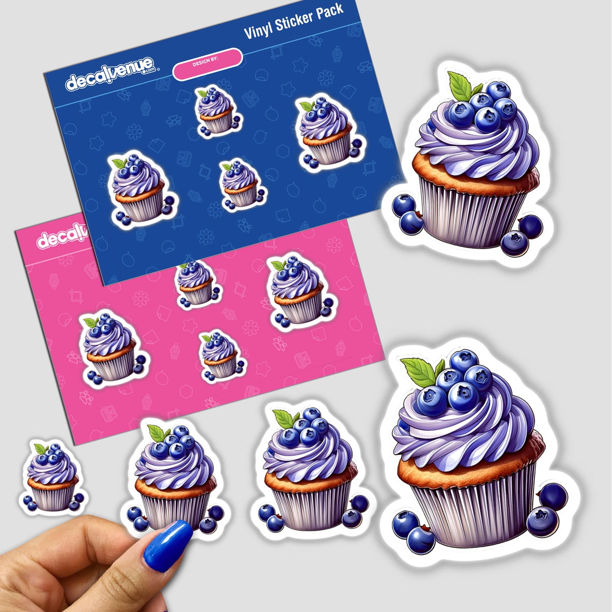 Vibrant digital artwork featuring delightful blueberry cupcakes with swirling purple frosting and fresh blueberries. Assorted stickers showcasing the playful, whimsical cupcake designs. Ideal for adding a sweet touch to personal items, crafts, or decor.