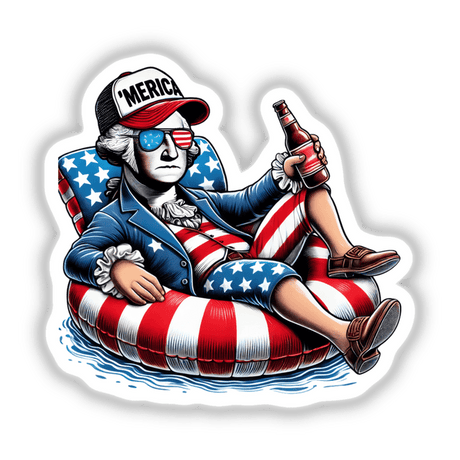 Cartoon of George Washington sitting on a float with an American flag, available as stickers or digital artwork.