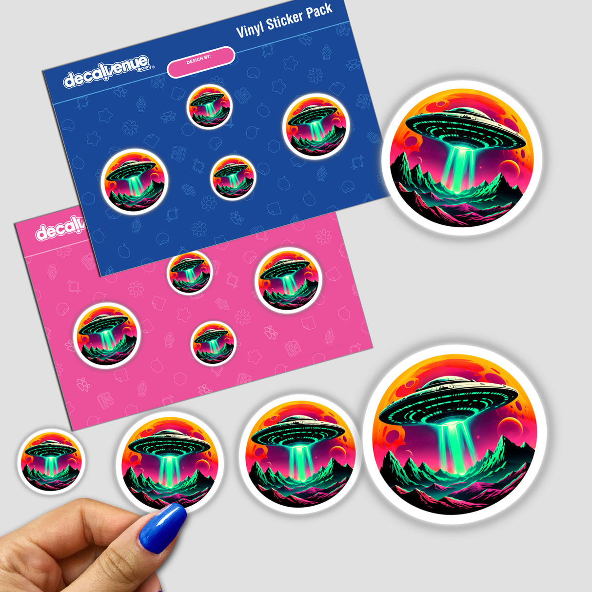 Sticker titled A UFO In Space, featuring a hand holding a sticker with a UFO design. Available as a sticker or digital artwork, capturing the unique essence of Decal Venue.