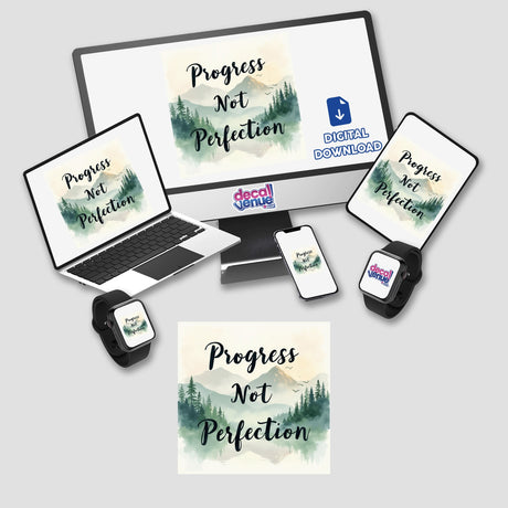 Progress Not Perfection Sticker featuring a computer monitor, laptop, and phone, available as stickers or digital artwork. Ideal mental health reminder and inspirational decor from Decal Venue.