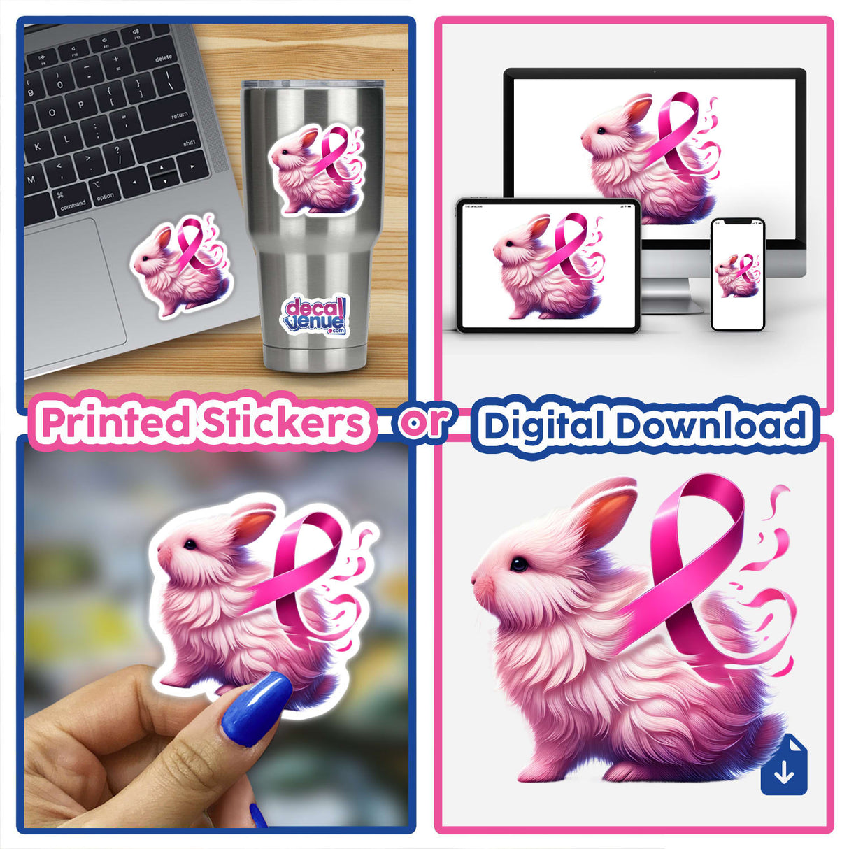 Fluffy Rabbit Pink Ribbon Breast Cancer sticker or digital artwork featuring a collage of pink ribbon-adorned rabbits and a laptop, promoting breast cancer awareness.