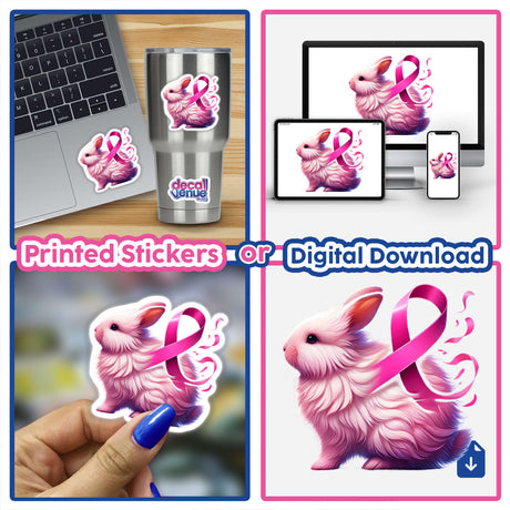 Fluffy Rabbit Pink Ribbon Breast Cancer sticker or digital artwork featuring a collage of pink ribbon-adorned rabbits and a laptop, promoting breast cancer awareness.