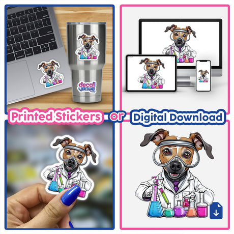 Scientist Dog with Test Tubes and Lab Coat sticker on a laptop, featuring a cartoon dog in a lab coat and glasses, ideal for laptops or digital art from Decal Venue.