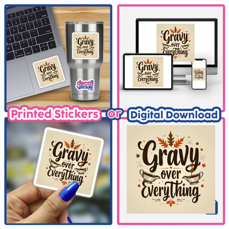 Everything Thanksgiving Sticker or Clipart with Commercial Rights, featuring a collage of laptops and phones showcasing digital designs. Ideal for unique, creative use as stickers or digital art.