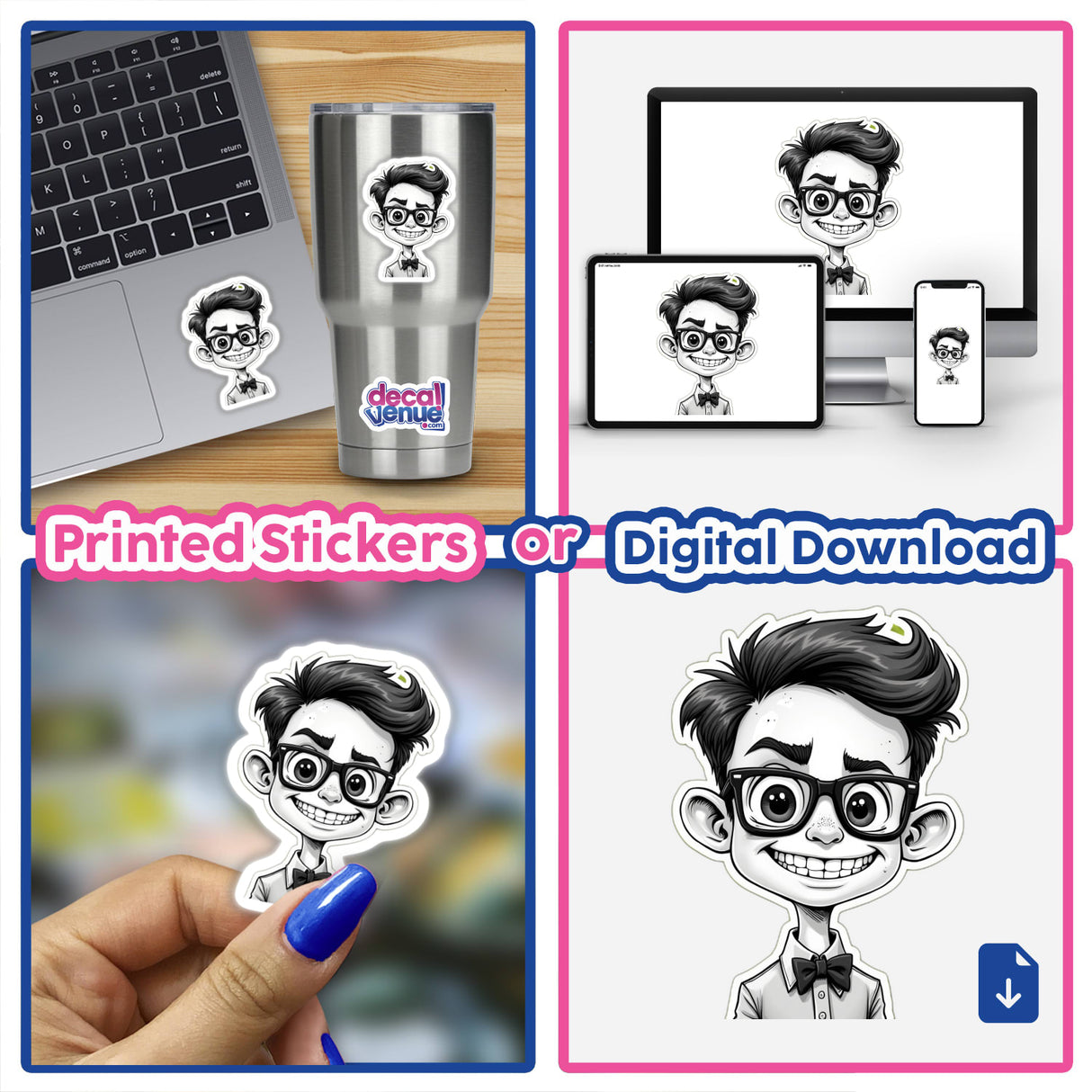 Collage featuring O Inteligente stickers and digital artwork, showcasing a cartoon boy with glasses, variously depicted on a laptop, silver cup, and held in a hand.