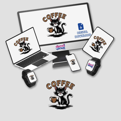 Grouchy Morning Coffee Cat depicted on various devices, including a monitor and smartwatch, available as stickers or digital artwork.