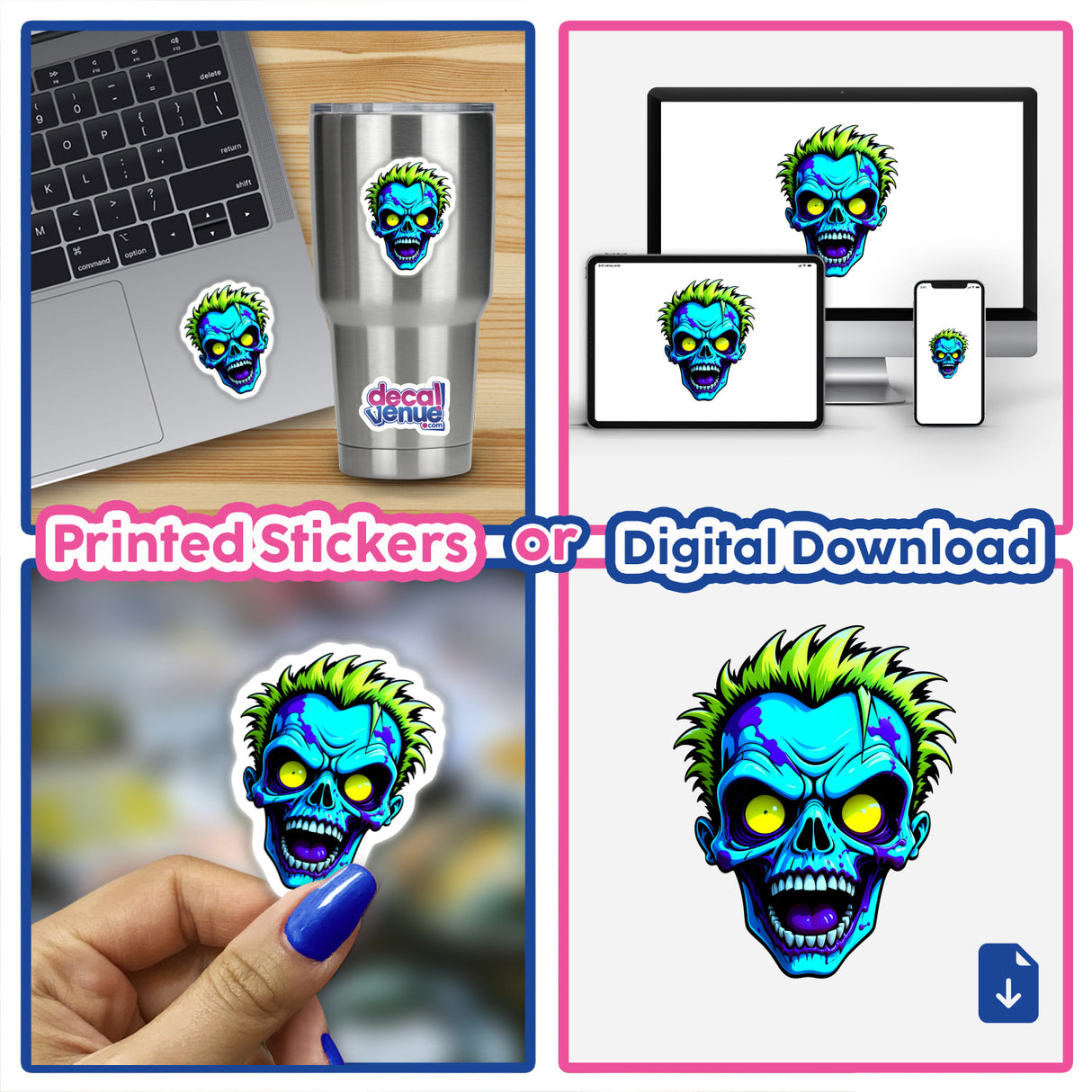 A collage featuring A Cool Neon Punk Zombie Skull sticker on a laptop, showcasing Decal Venue's unique vinyl sticker offerings. 