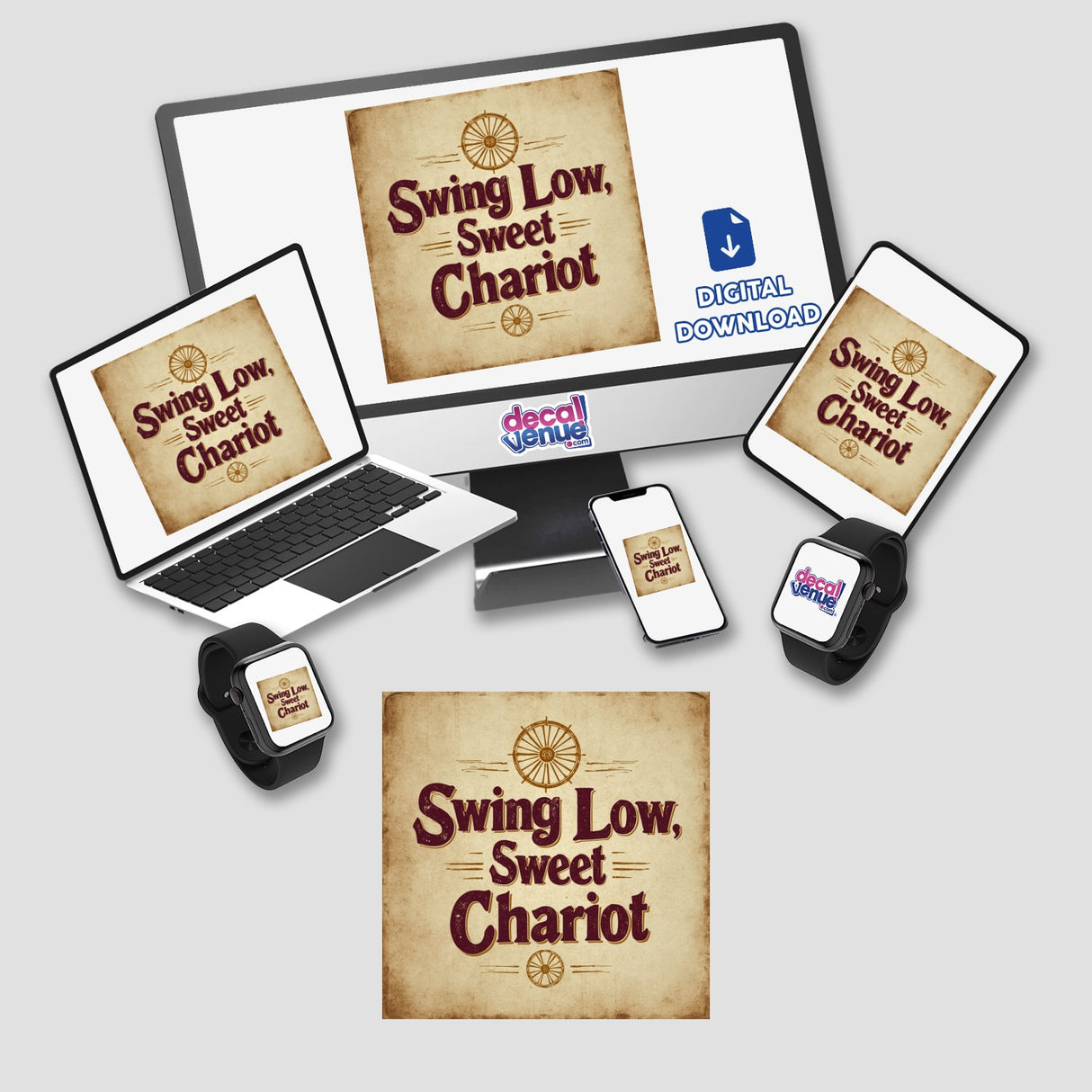 Swing Low, Sweet Chariot Typography Design Sticker or Clipart displayed on various devices, showcasing its versatility for digital artwork or stickers with commercial rights.