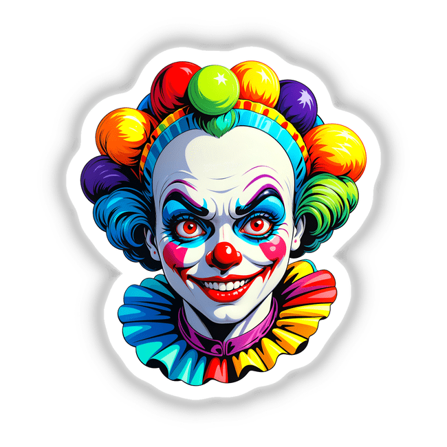 Cartoon illustration titled A Crazy Clown Girl featuring a whimsical clown face with red lips and colorful ruffles, available as stickers or digital artwork.