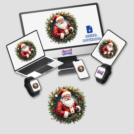 Jolly Santa Claus in a Christmas Wreath displayed on a computer and laptop screen, highlighting its availability as stickers or digital artwork from Decal Venue.