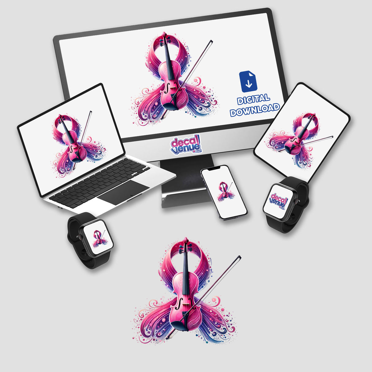 Violin Pink Ribbon Breast Cancer design displayed on a laptop, tablet, and phone for stickers or digital artwork.